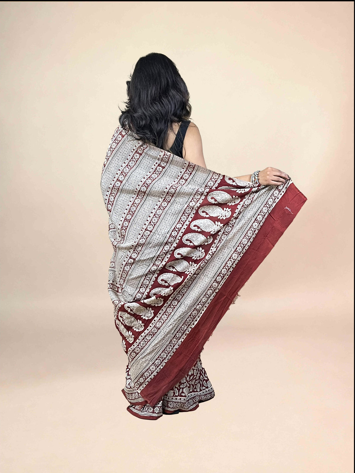 Maroon Fakira Assam Silk Handblock Printed Saree