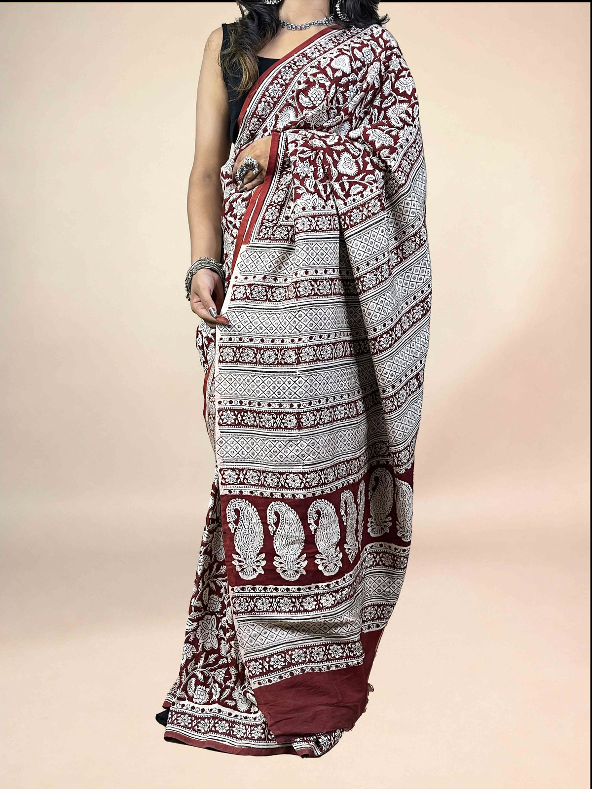 Maroon Fakira Assam Silk Handblock Printed Saree