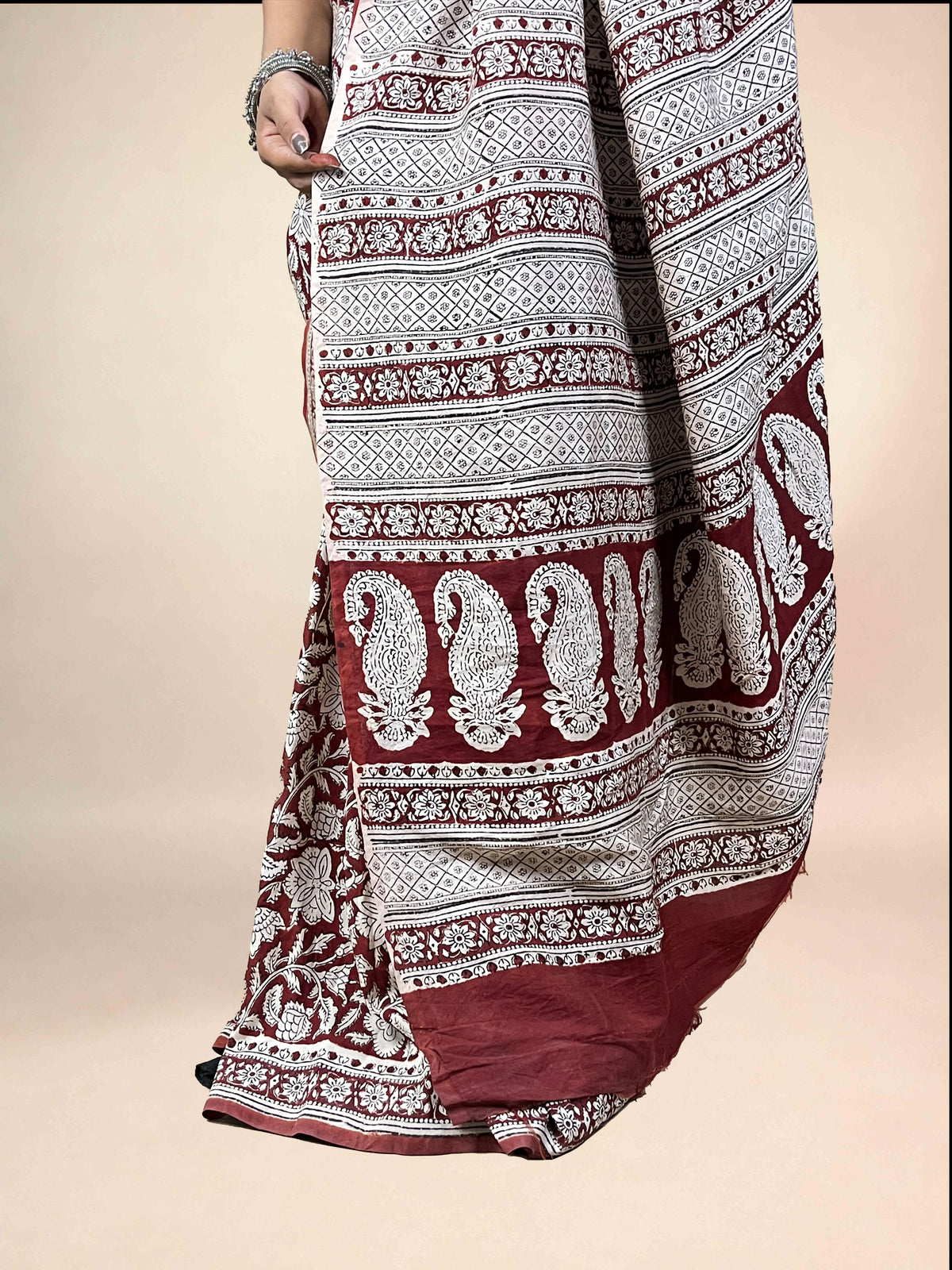 Maroon Fakira Assam Silk Handblock Printed Saree