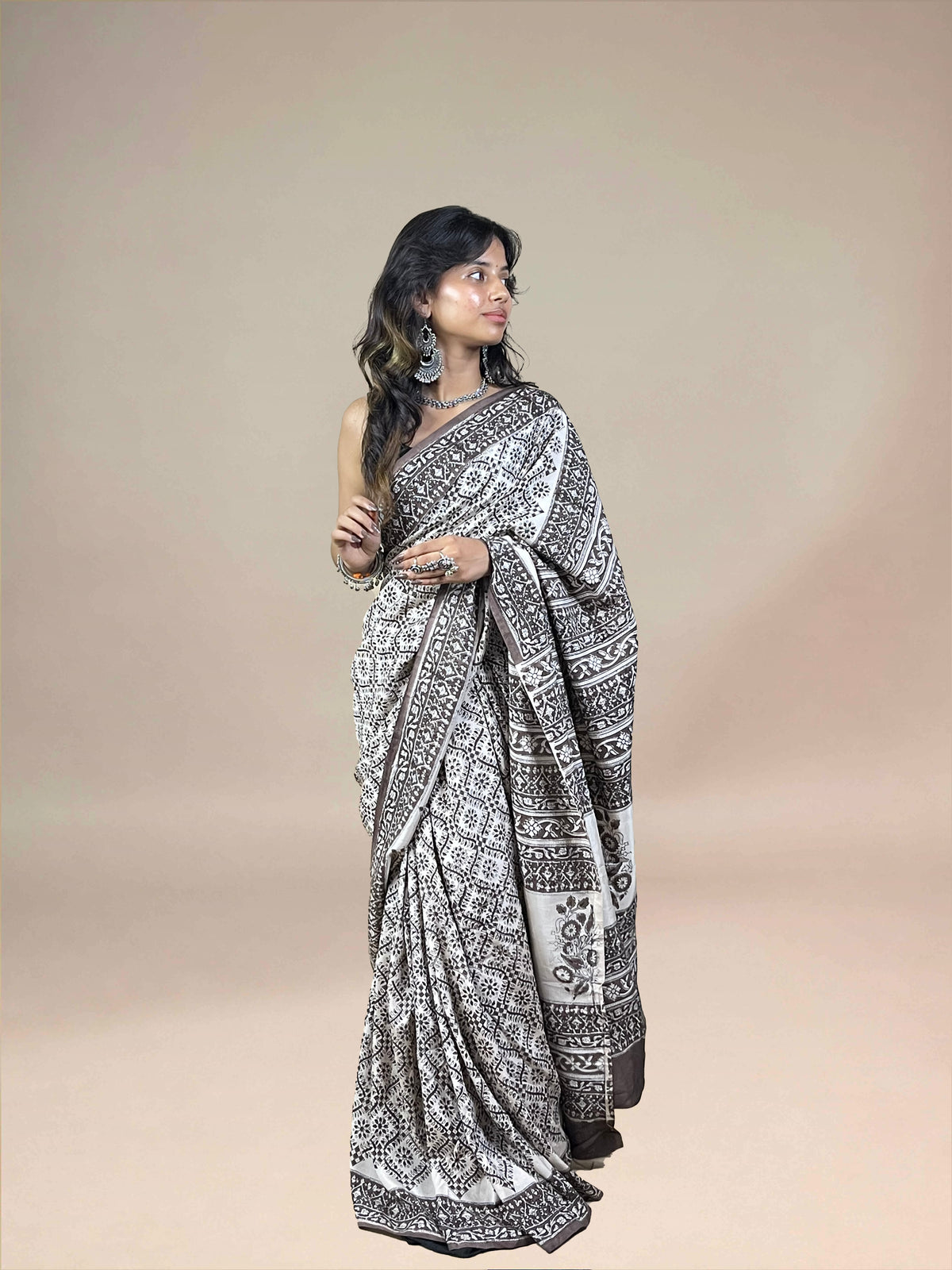 White Fakira Assam Silk Handblock Printed Saree