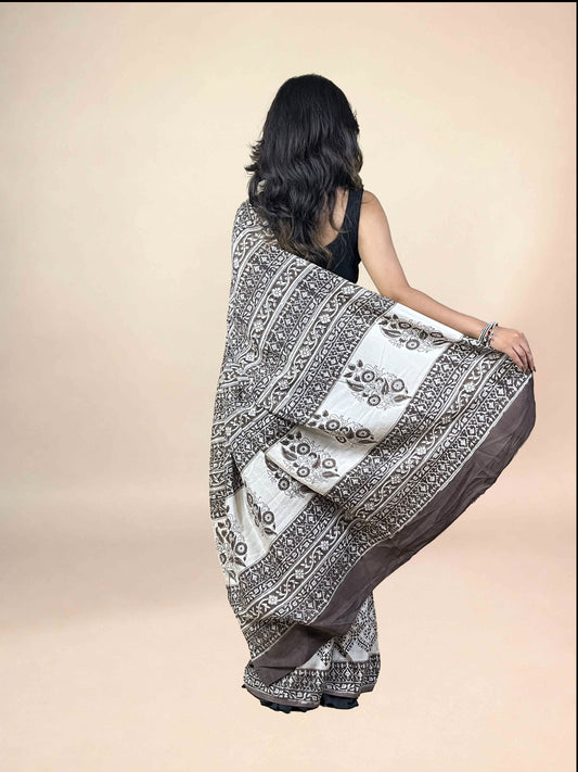 White Fakira Assam Silk Handblock Printed Saree