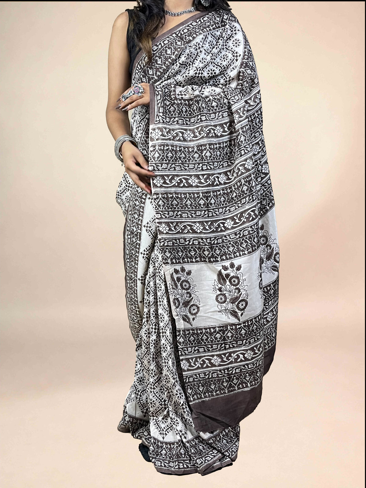 White Fakira Assam Silk Handblock Printed Saree