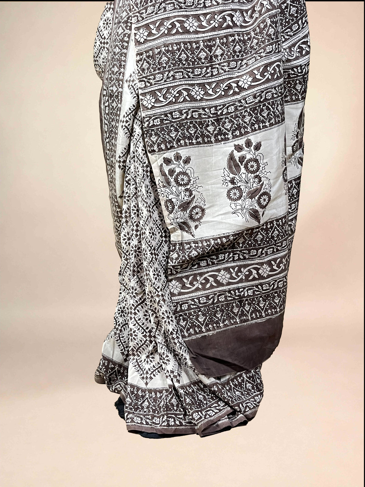 White Fakira Assam Silk Handblock Printed Saree