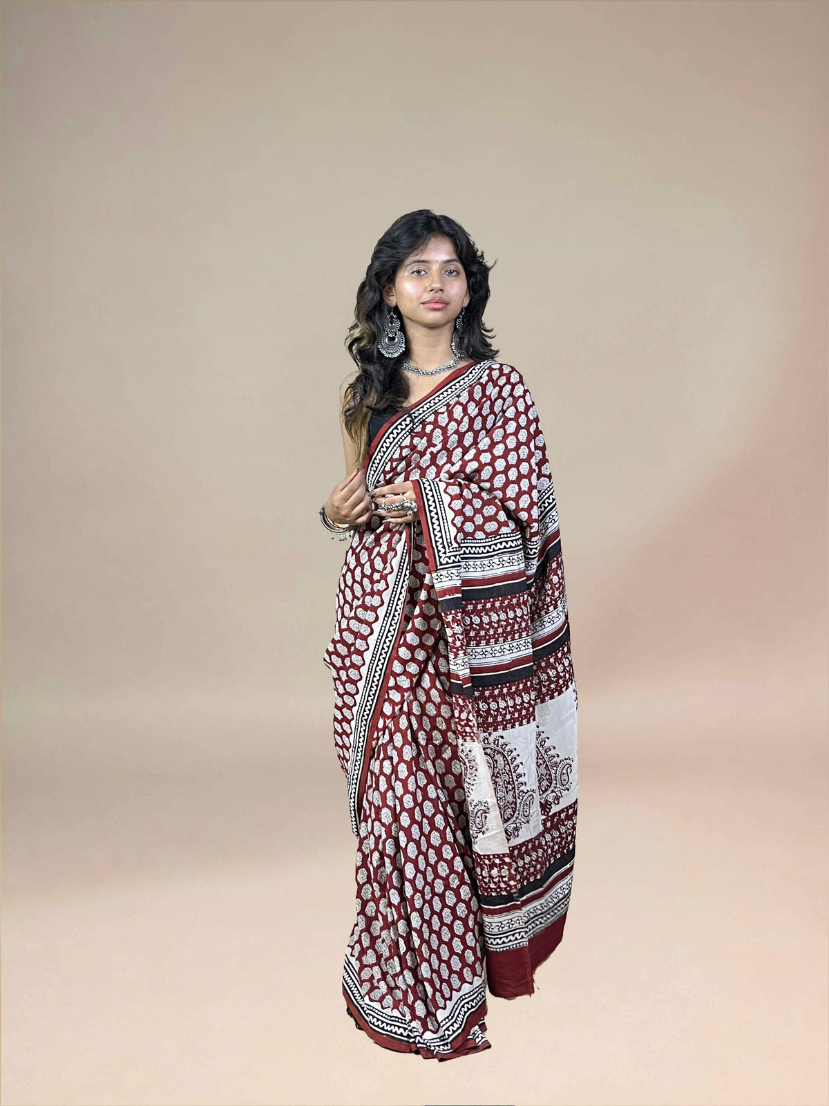Maroon Fakira Assam Silk Handblock Printed Saree