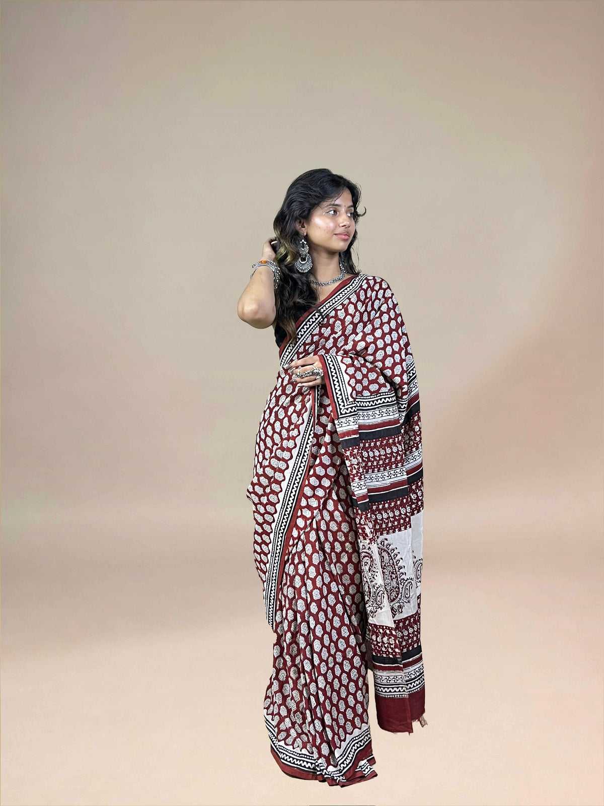 Maroon Fakira Assam Silk Handblock Printed Saree