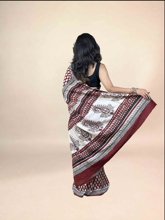Maroon Fakira Assam Silk Handblock Printed Saree