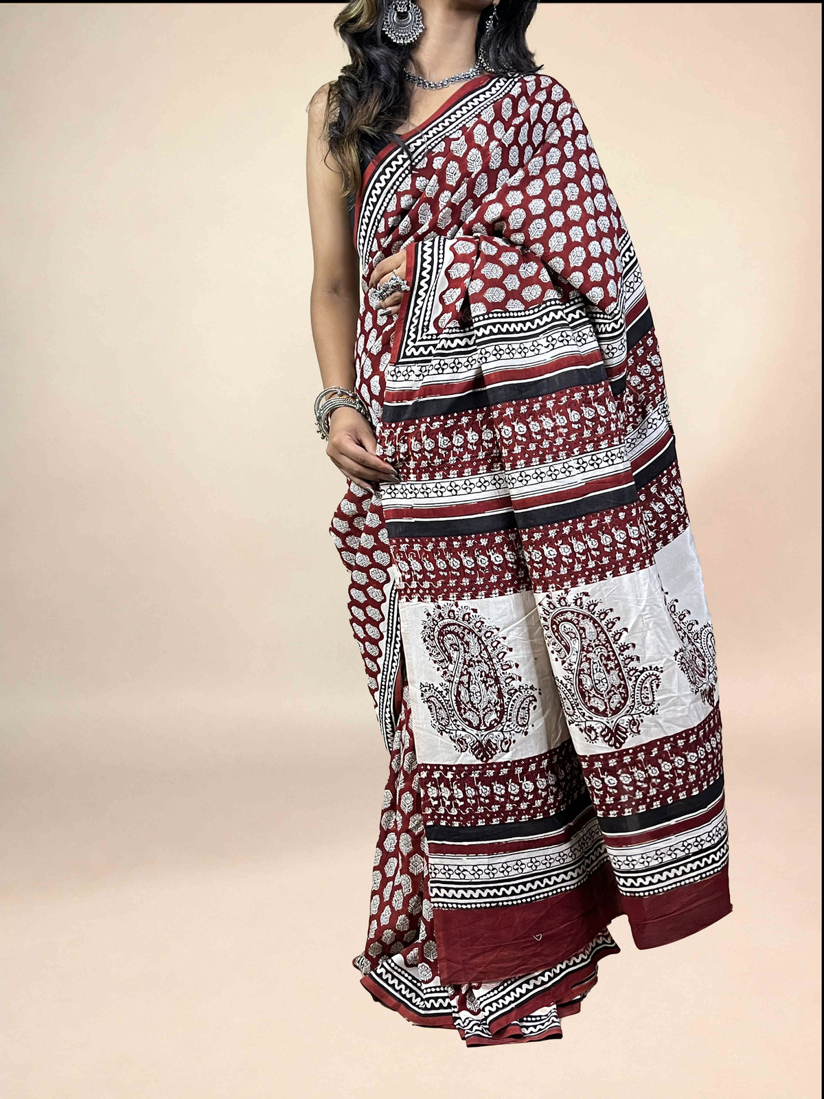 Maroon Fakira Assam Silk Handblock Printed Saree
