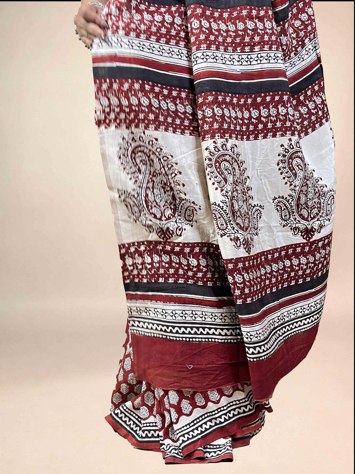 Maroon Fakira Assam Silk Handblock Printed Saree