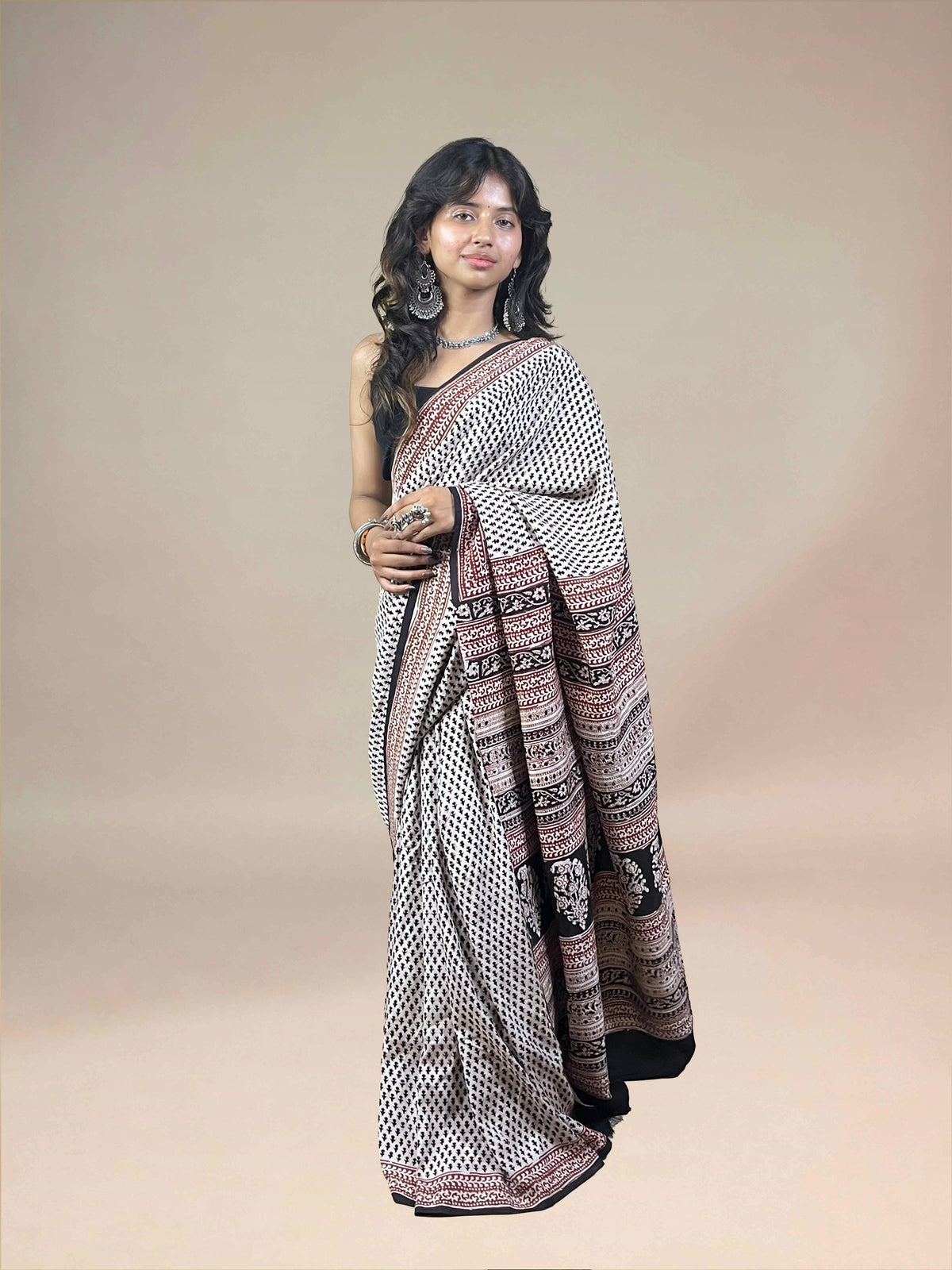 White Fakira Assam Silk Handblock Printed Saree
