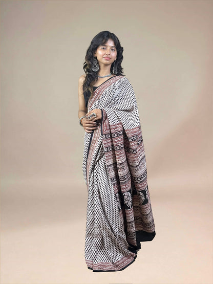 White Fakira Assam Silk Handblock Printed Saree
