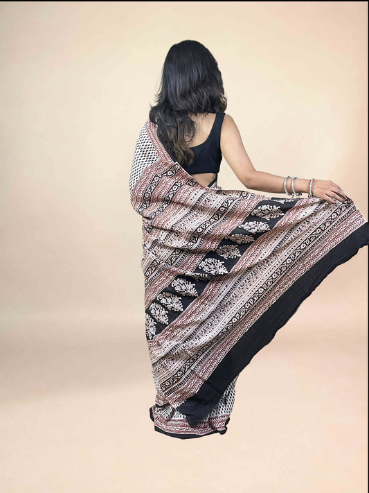White Fakira Assam Silk Handblock Printed Saree
