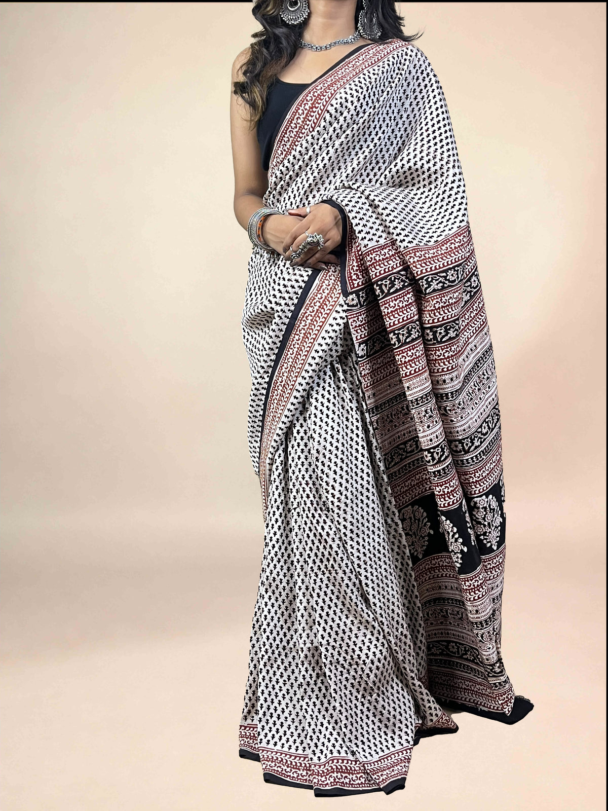 White Fakira Assam Silk Handblock Printed Saree