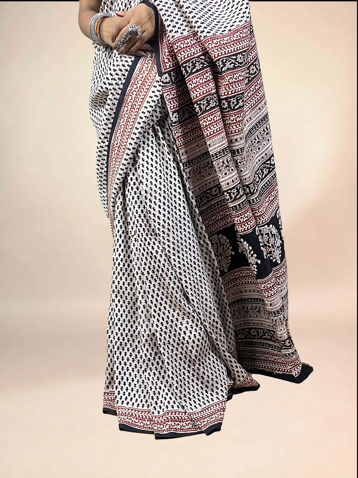 White Fakira Assam Silk Handblock Printed Saree