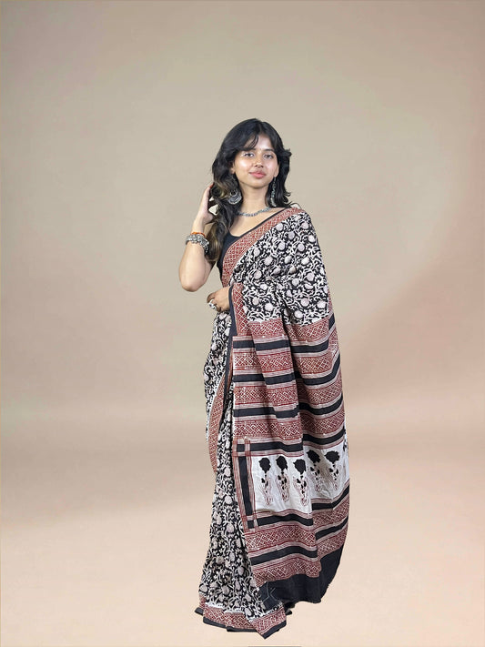Black Fakira Assam Silk Handblock Printed Saree
