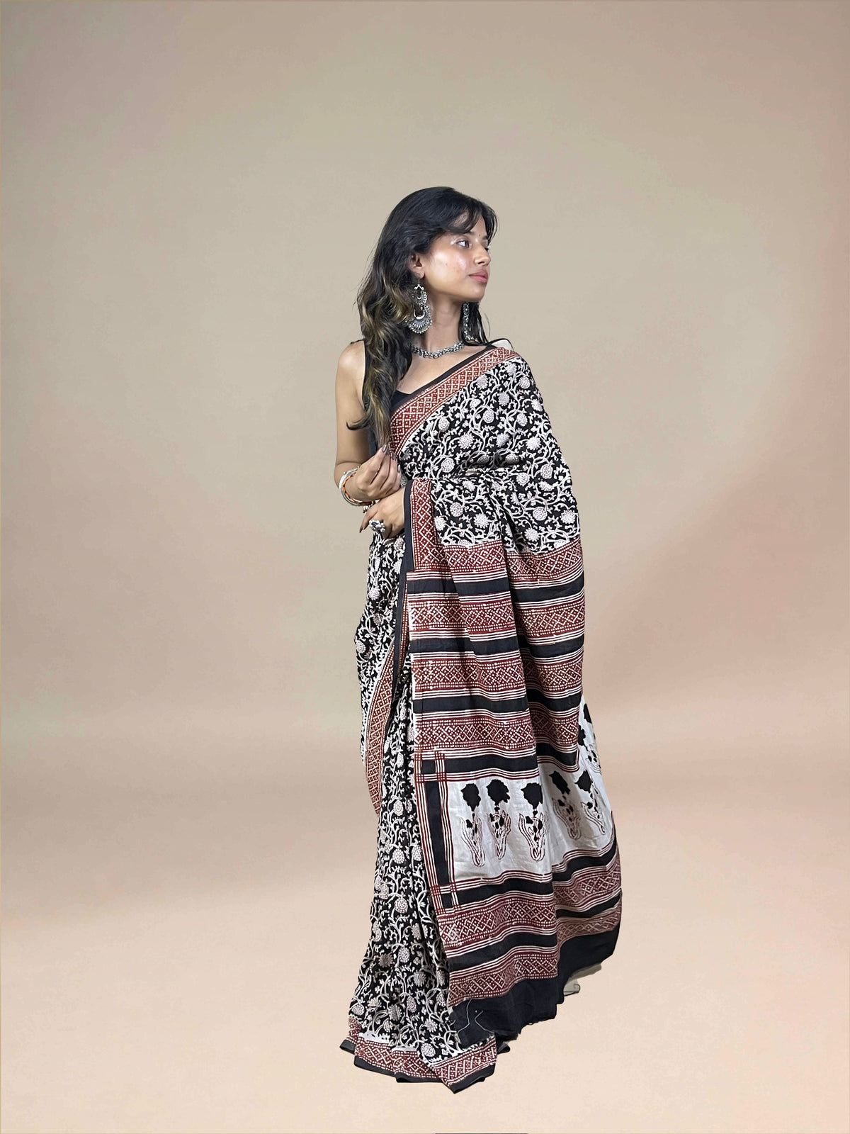 Black Fakira Assam Silk Handblock Printed Saree
