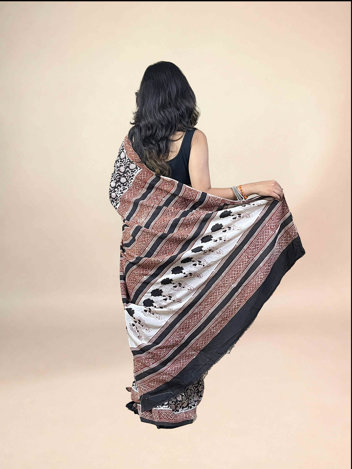 Black Fakira Assam Silk Handblock Printed Saree