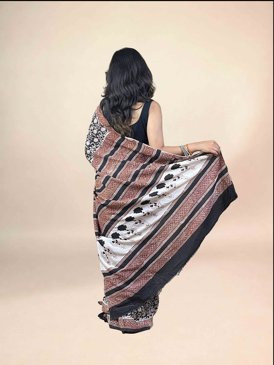 Black Fakira Assam Silk Handblock Printed Saree