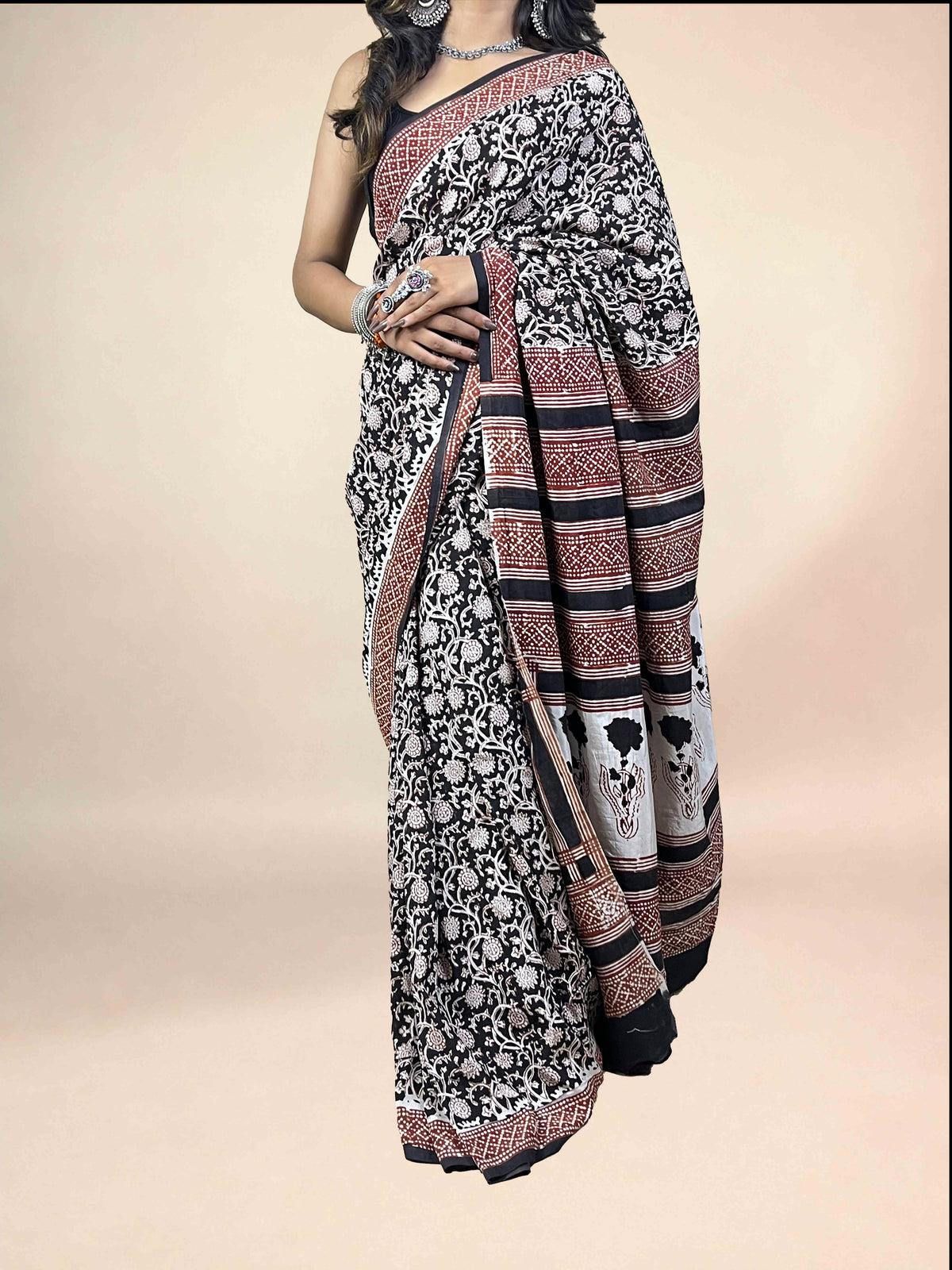 Black Fakira Assam Silk Handblock Printed Saree