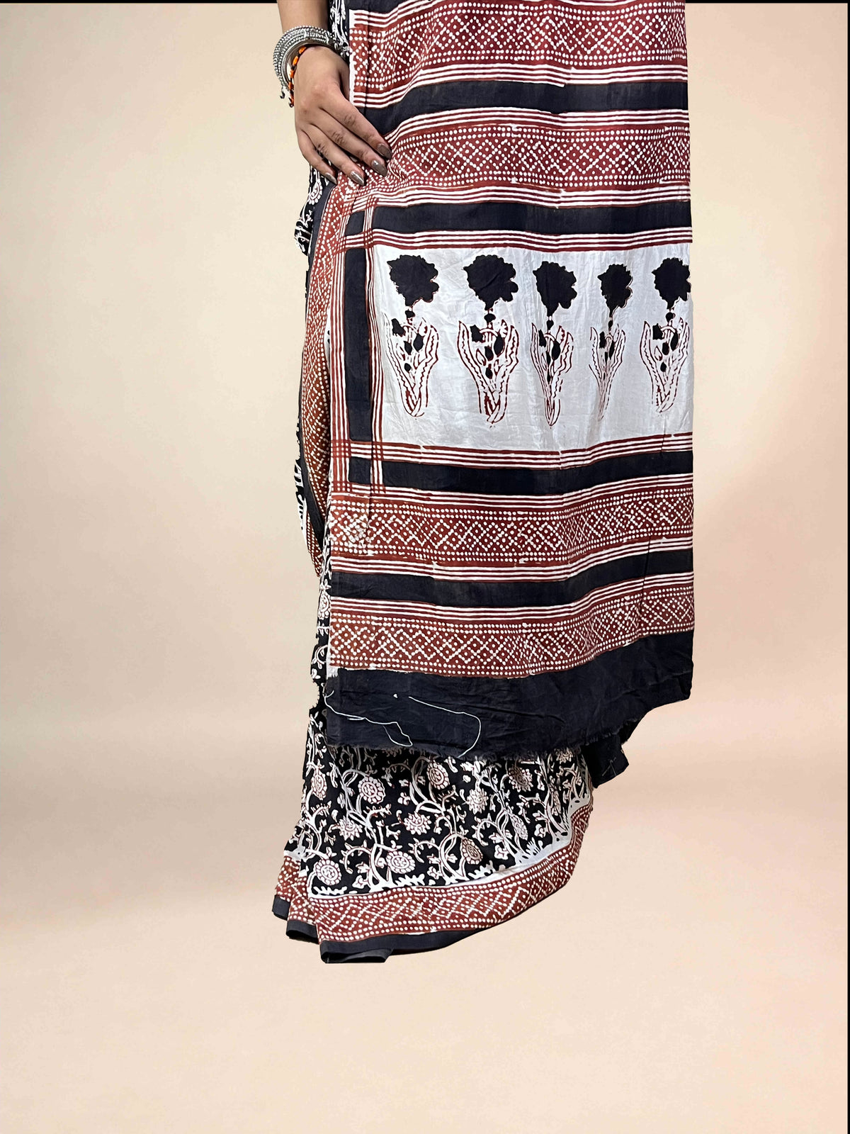 Black Fakira Assam Silk Handblock Printed Saree