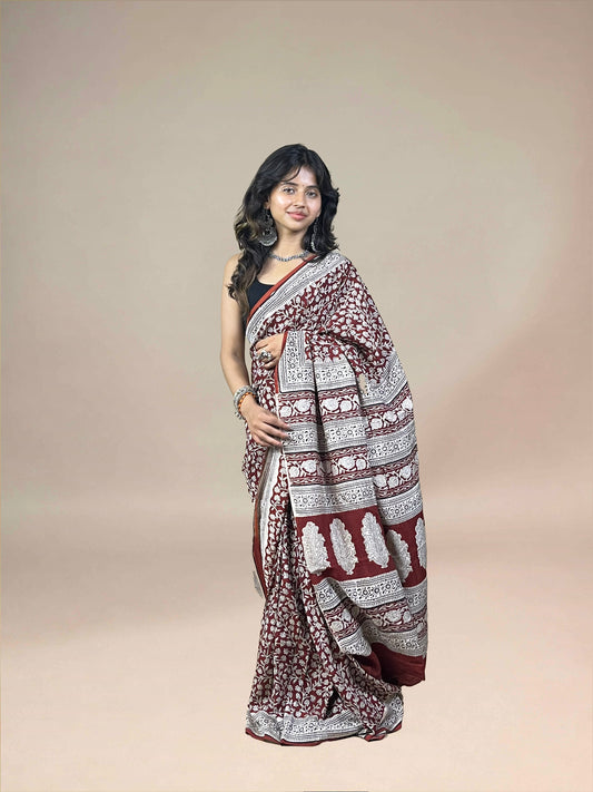 Maroon Fakira Assam Silk Handblock Printed Saree