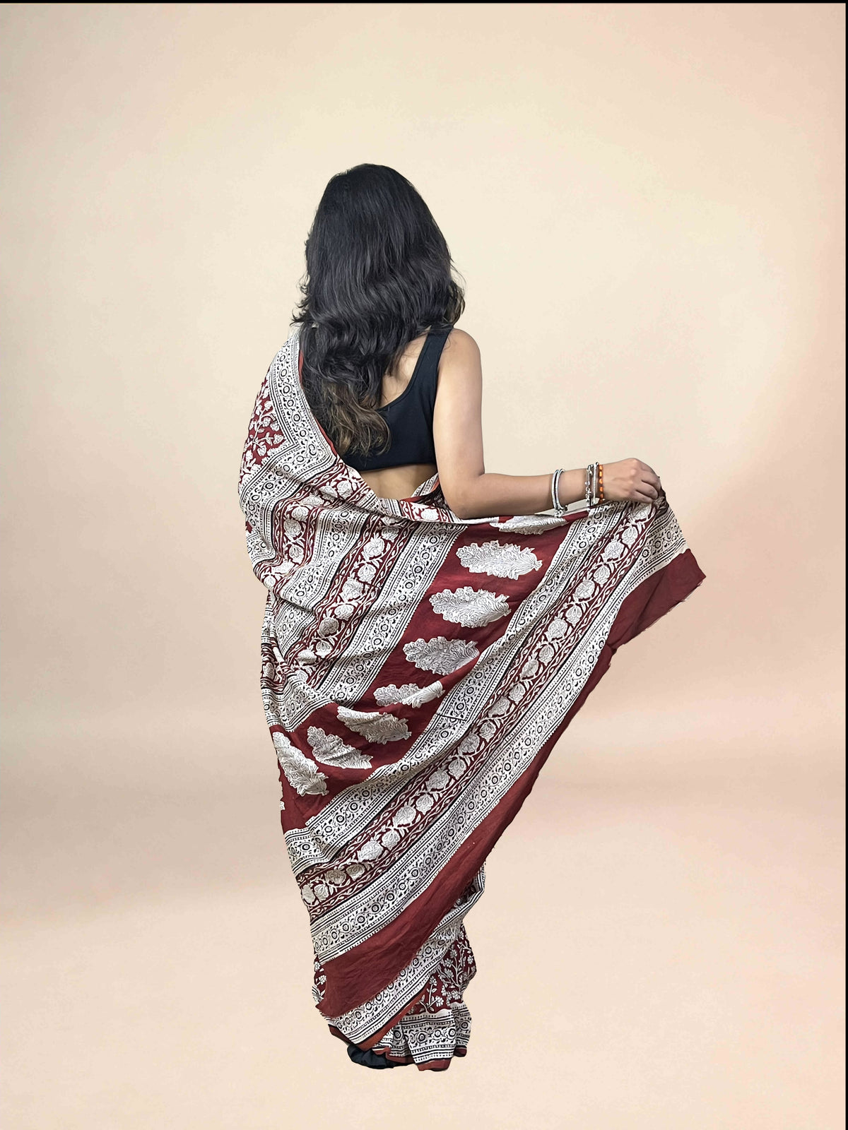 Maroon Fakira Assam Silk Handblock Printed Saree