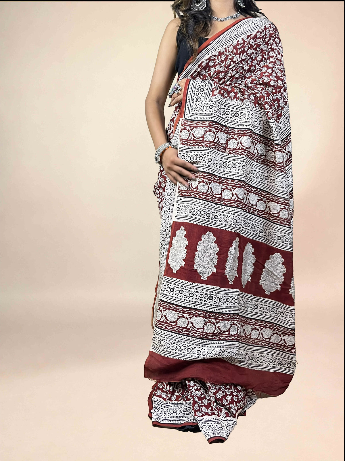 Maroon Fakira Assam Silk Handblock Printed Saree