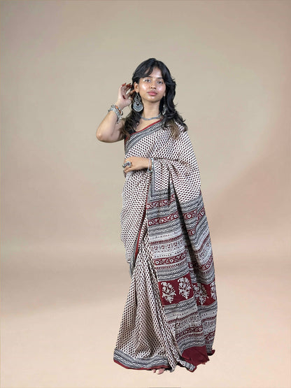 Maroon Fakira Assam Silk Handblock Printed Saree