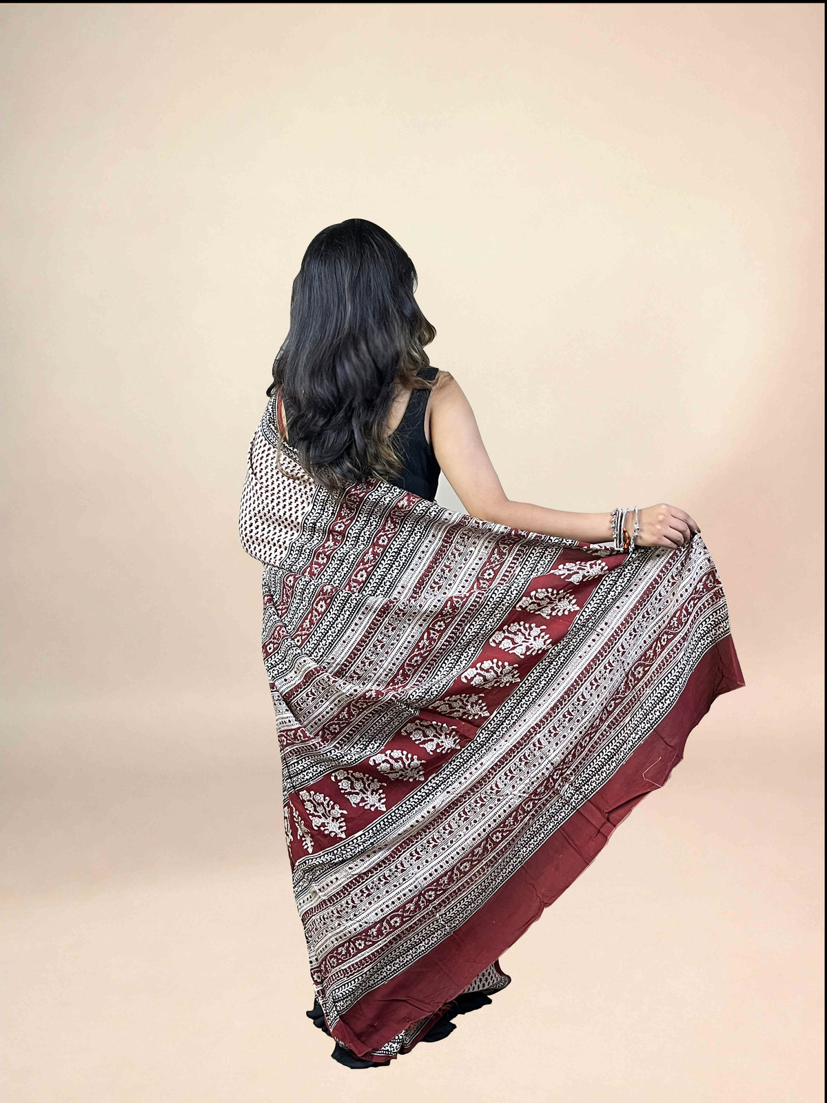 Maroon Fakira Assam Silk Handblock Printed Saree