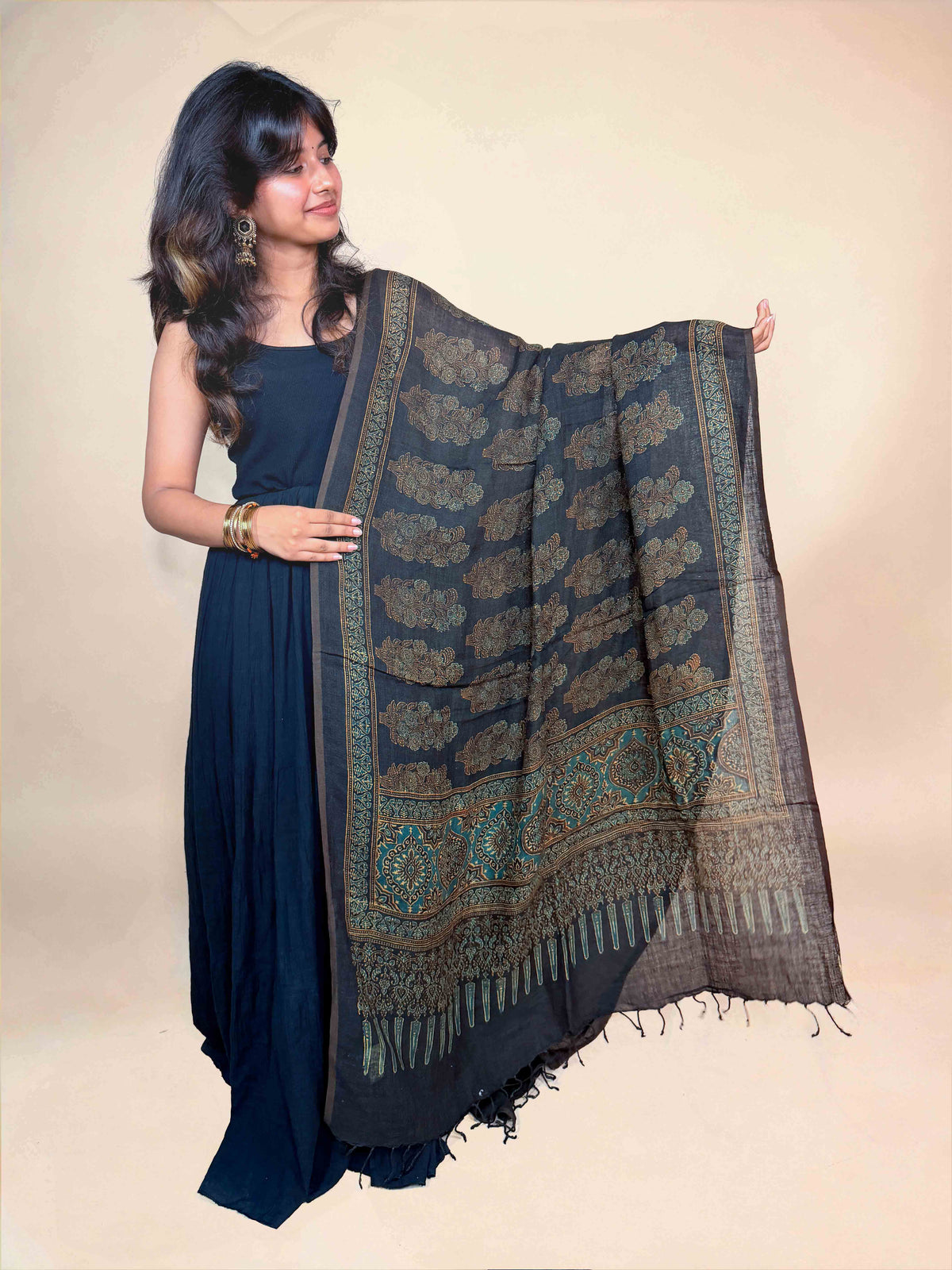 Ajrakh Linen Dupatta.