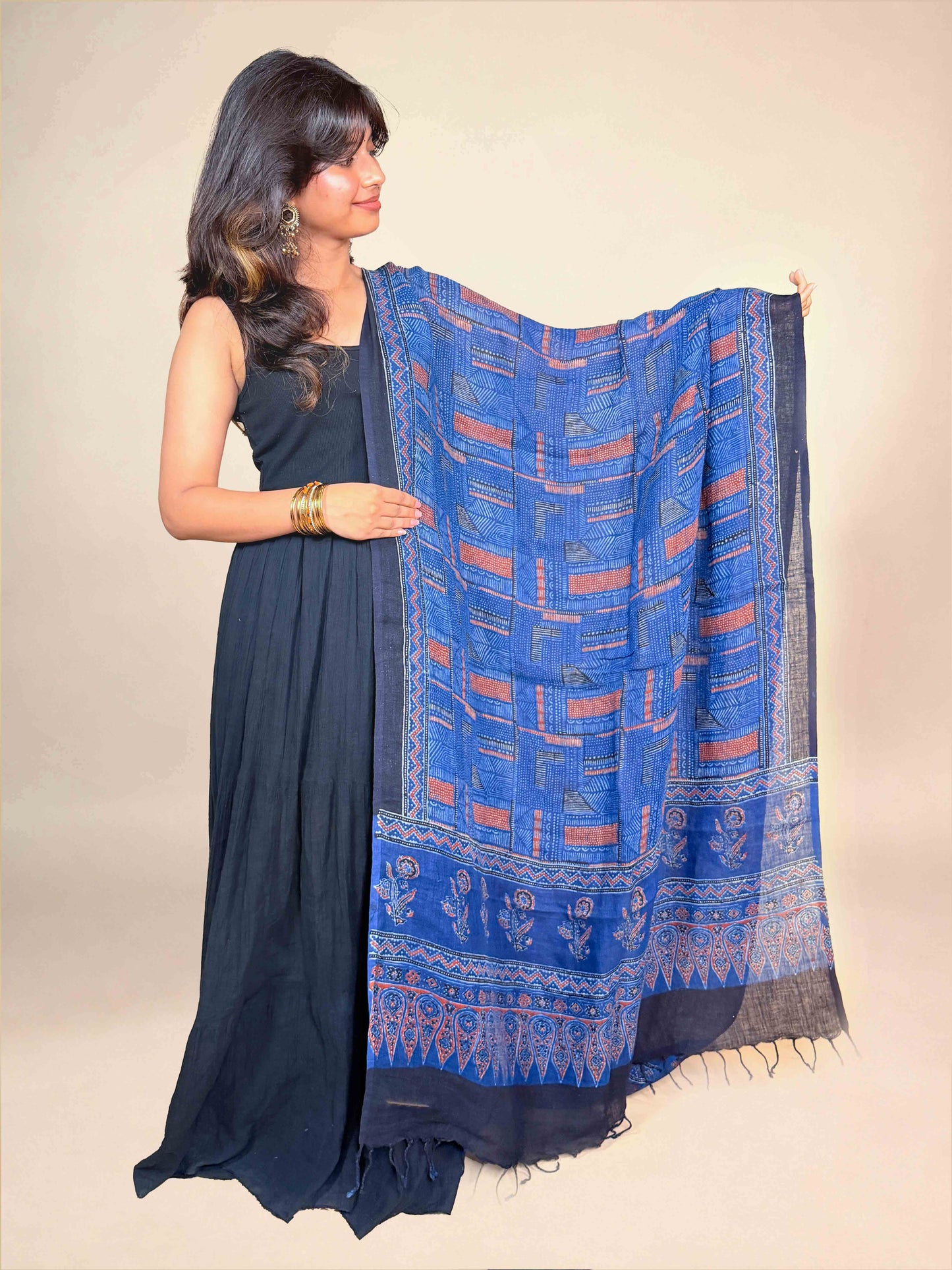 Multicolor Ajrakh Linen Handblock Printed Dupatta | Royal Blue