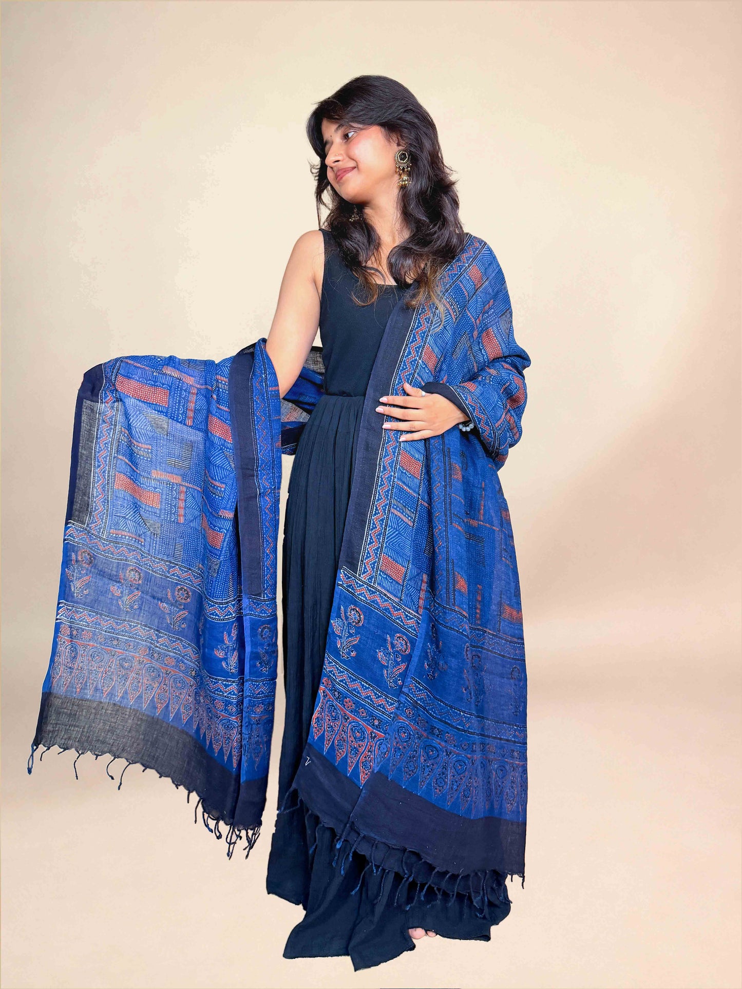 Multicolor Ajrakh Linen Handblock Printed Dupatta | Royal Blue