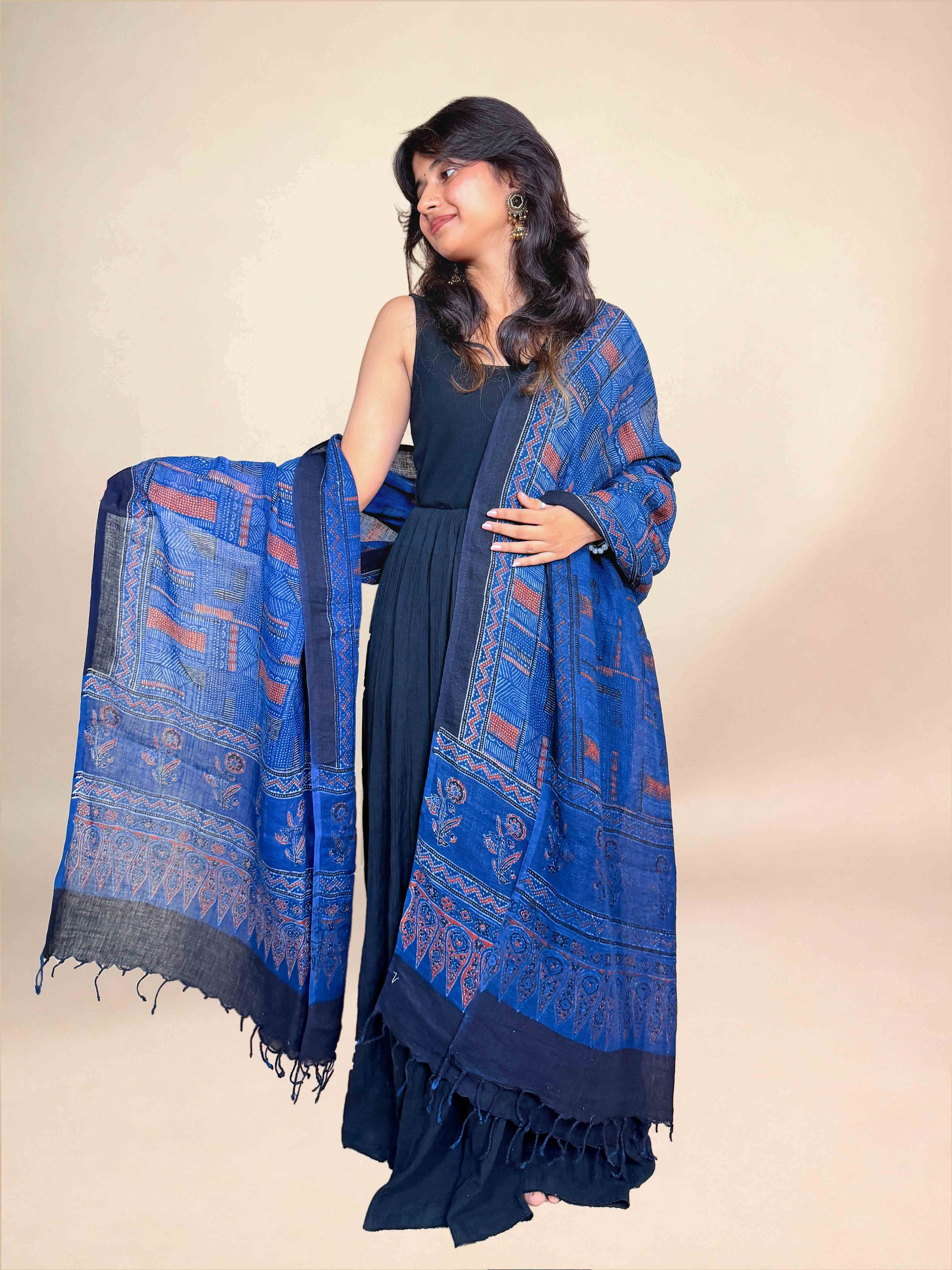 Multicolor Ajrakh Linen Handblock Printed Dupatta | Royal Blue