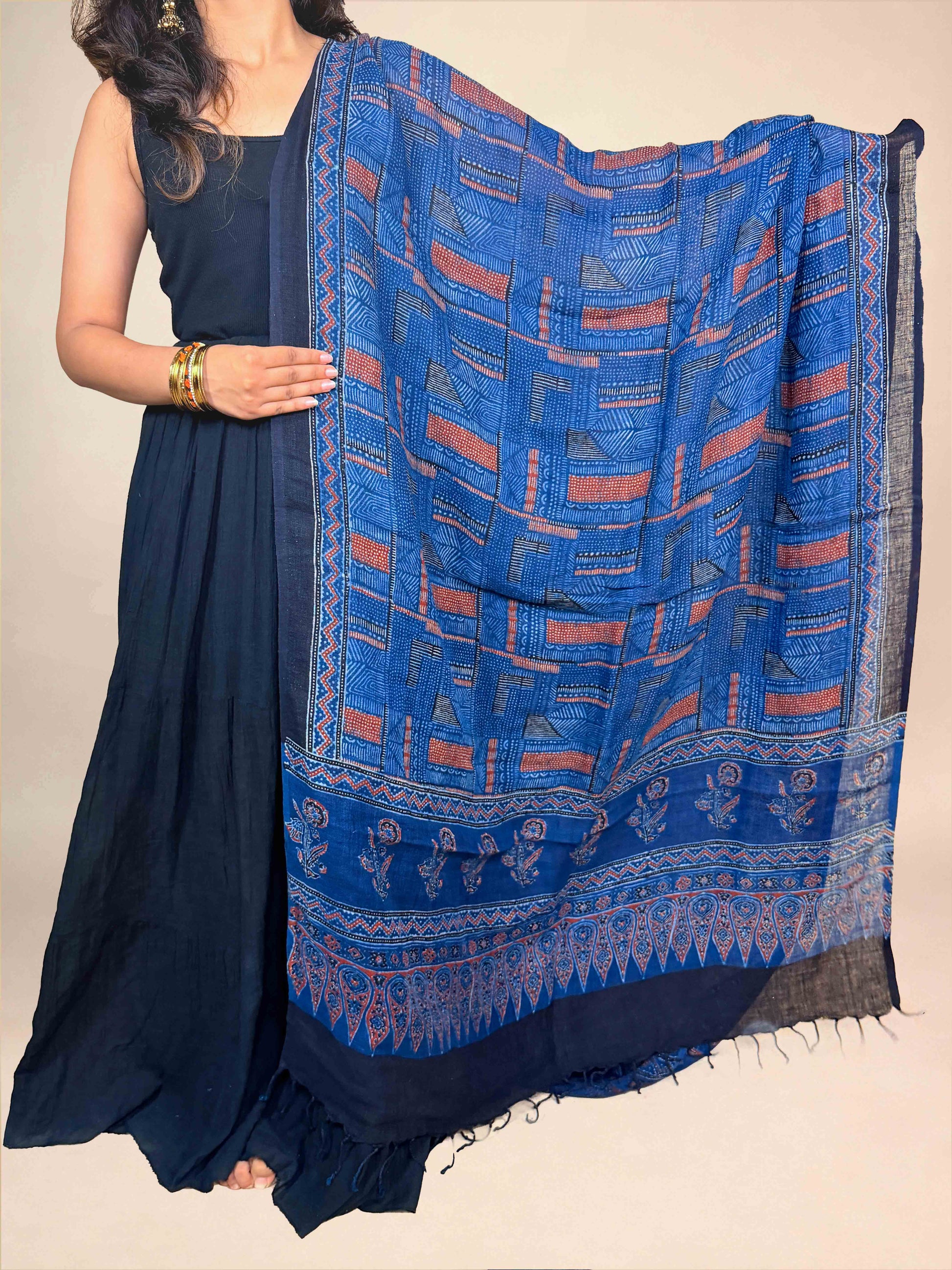 Multicolor Ajrakh Linen Handblock Printed Dupatta | Royal Blue