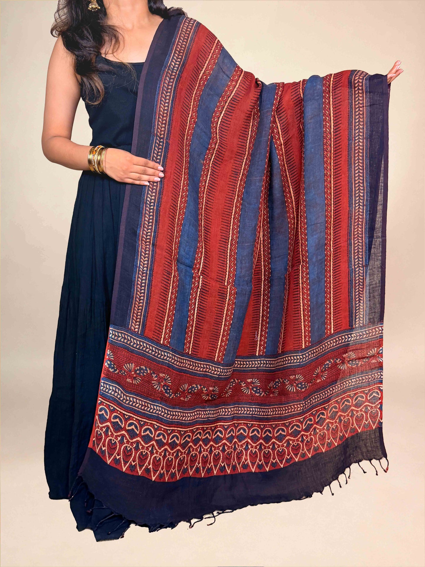 Maroon Ajrakh Linen Handblock Printed Dupatta