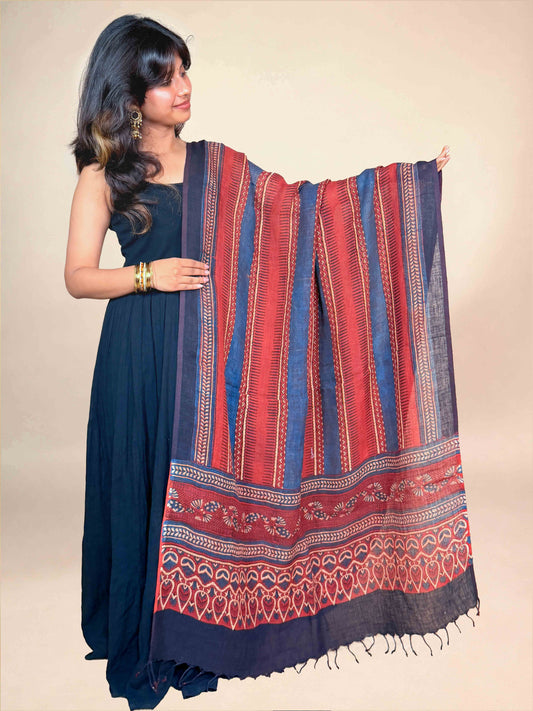 Maroon Ajrakh Linen Handblock Printed Dupatta
