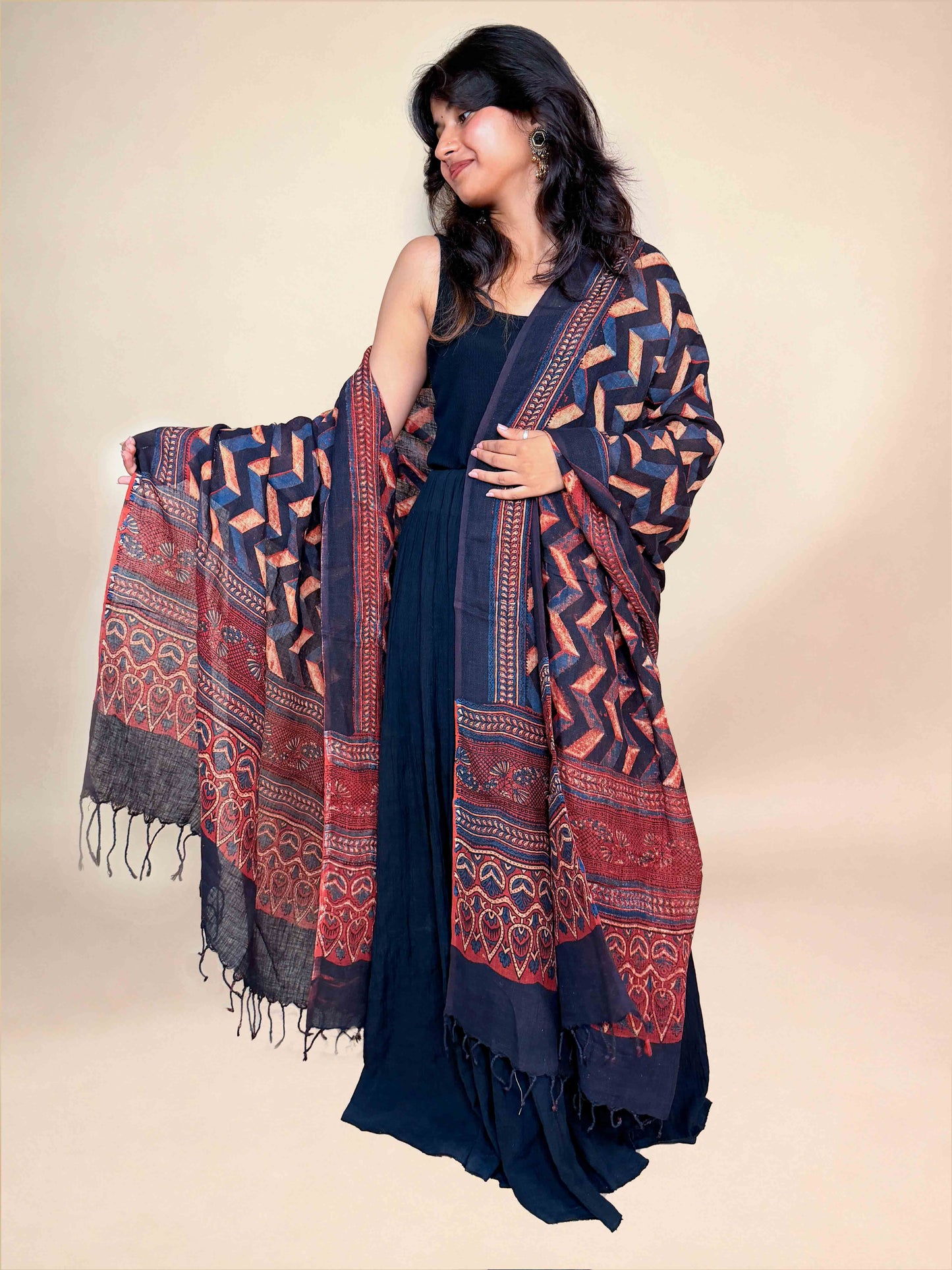 Black Ajrakh Linen Handblock Printed Dupatta