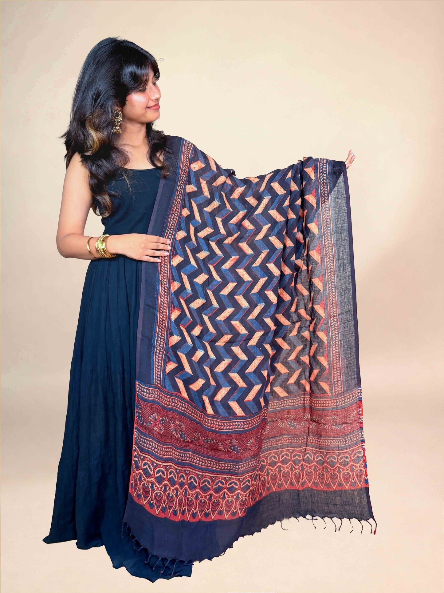 Black Ajrakh Linen Handblock Printed Dupatta