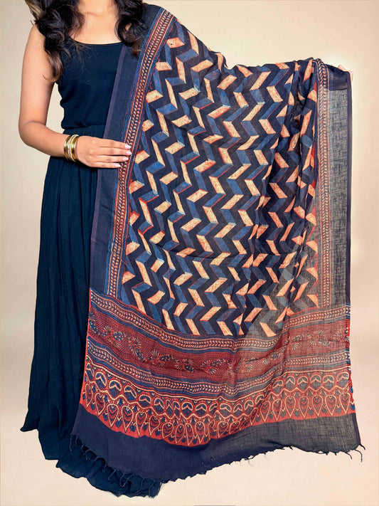 Black Ajrakh Linen Handblock Printed Dupatta