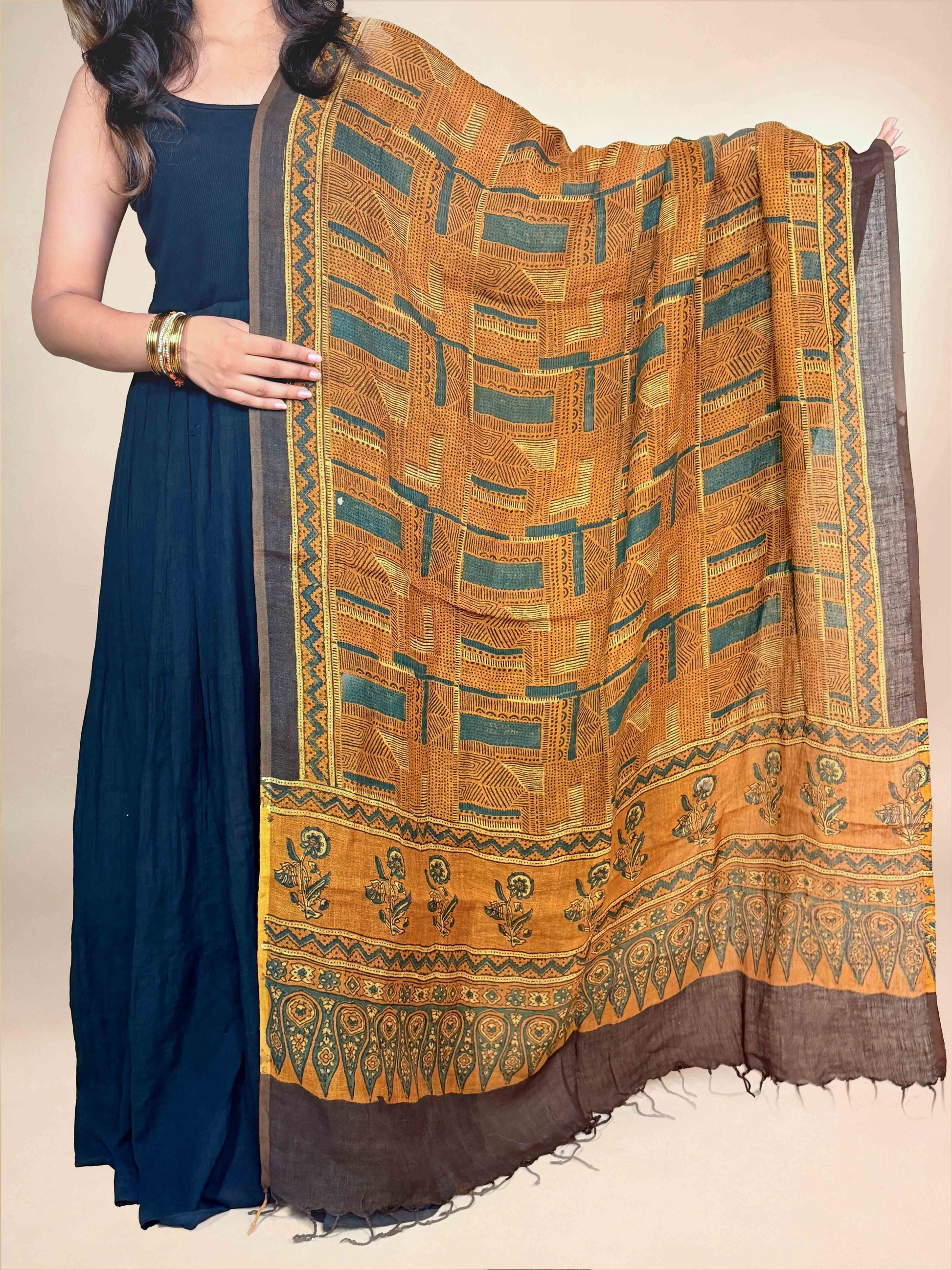 Multicolor Ajrakh Linen Handblock Printed Dupatta | Mustard