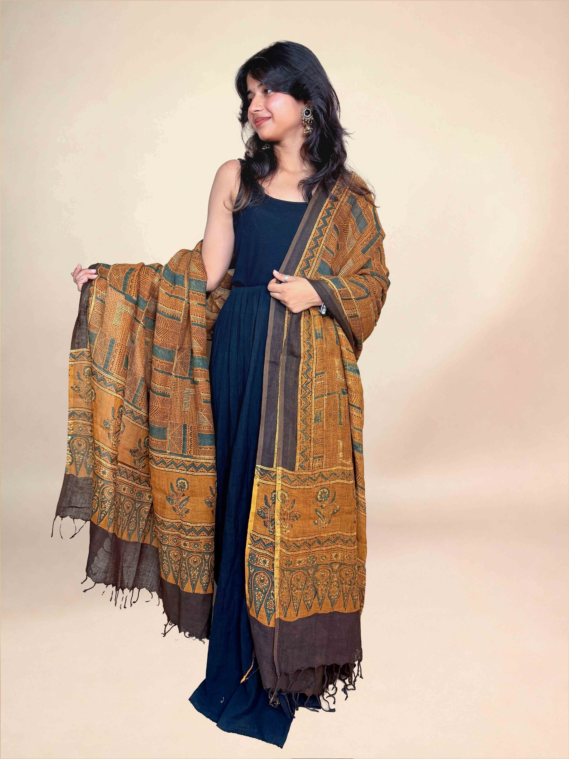 Multicolor Ajrakh Linen Handblock Printed Dupatta | Mustard