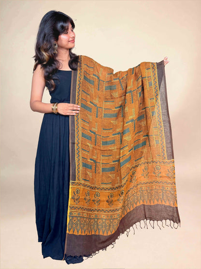 Multicolor Ajrakh Linen Handblock Printed Dupatta | Mustard