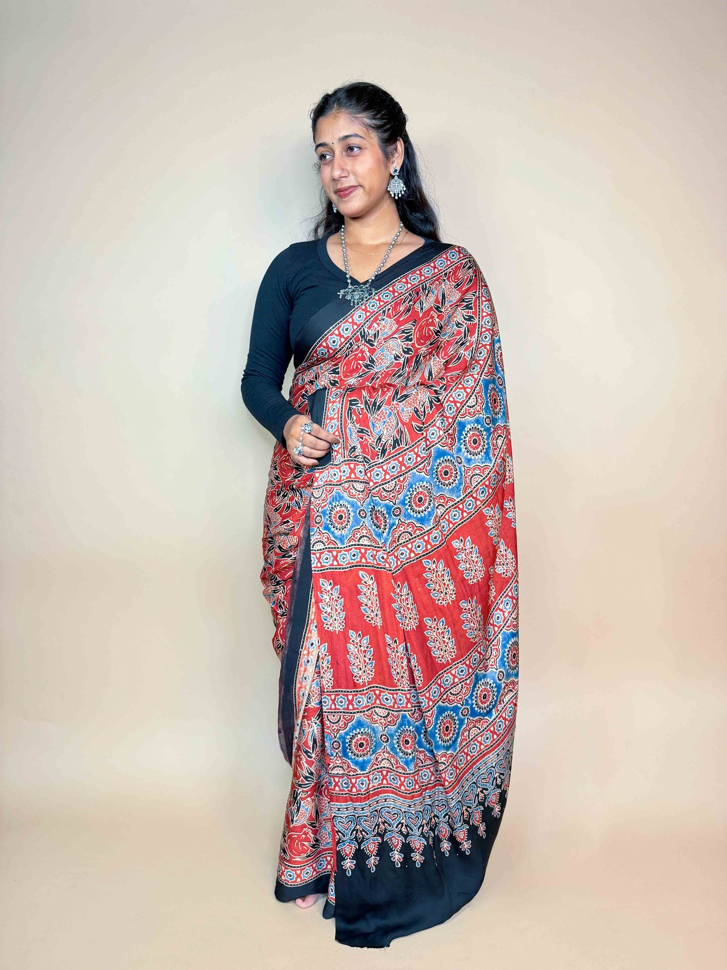 Rust Red Ajrakh Modal Handblock Printed Saree