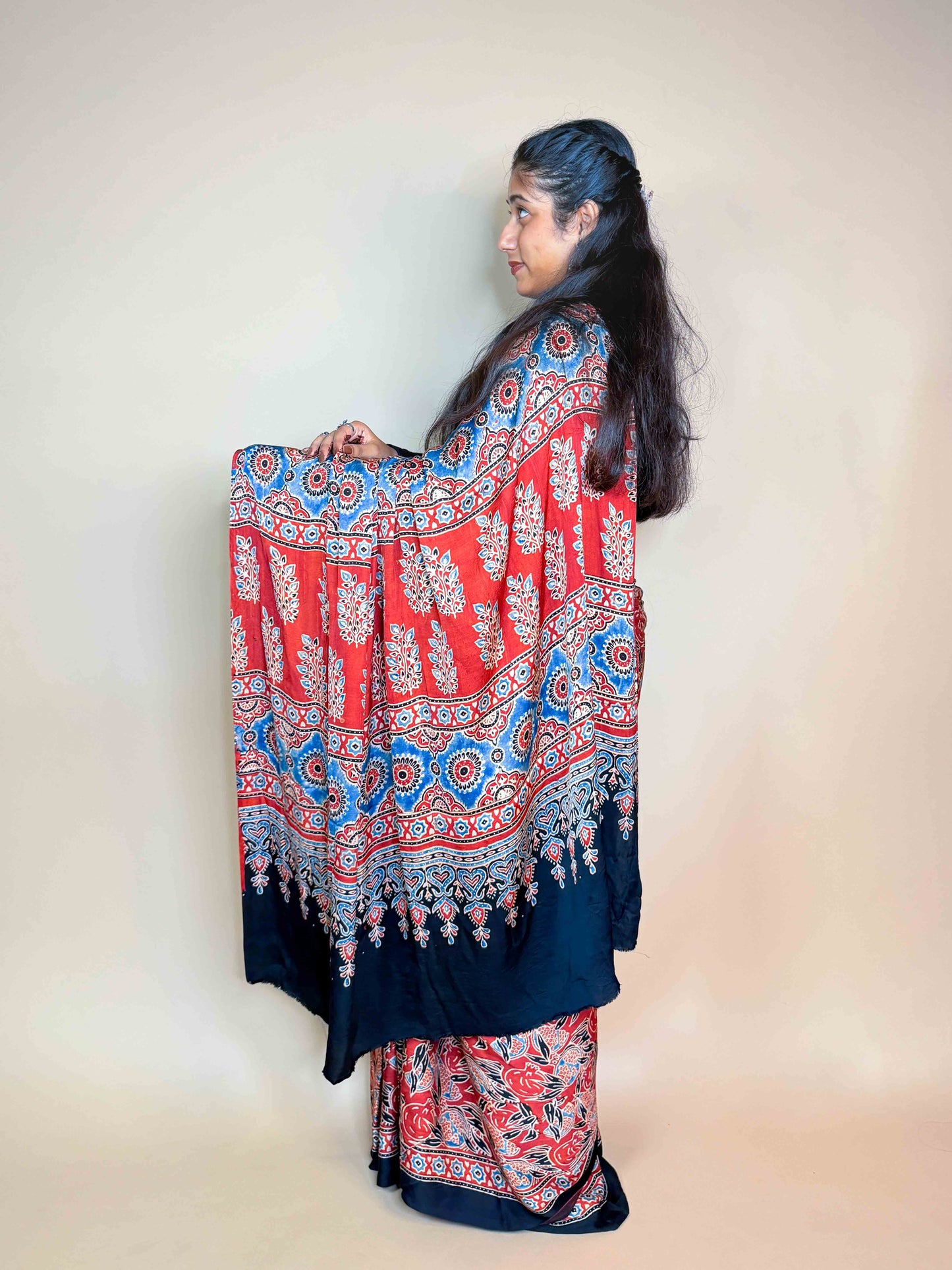 Rust Red Ajrakh Modal Handblock Printed Saree