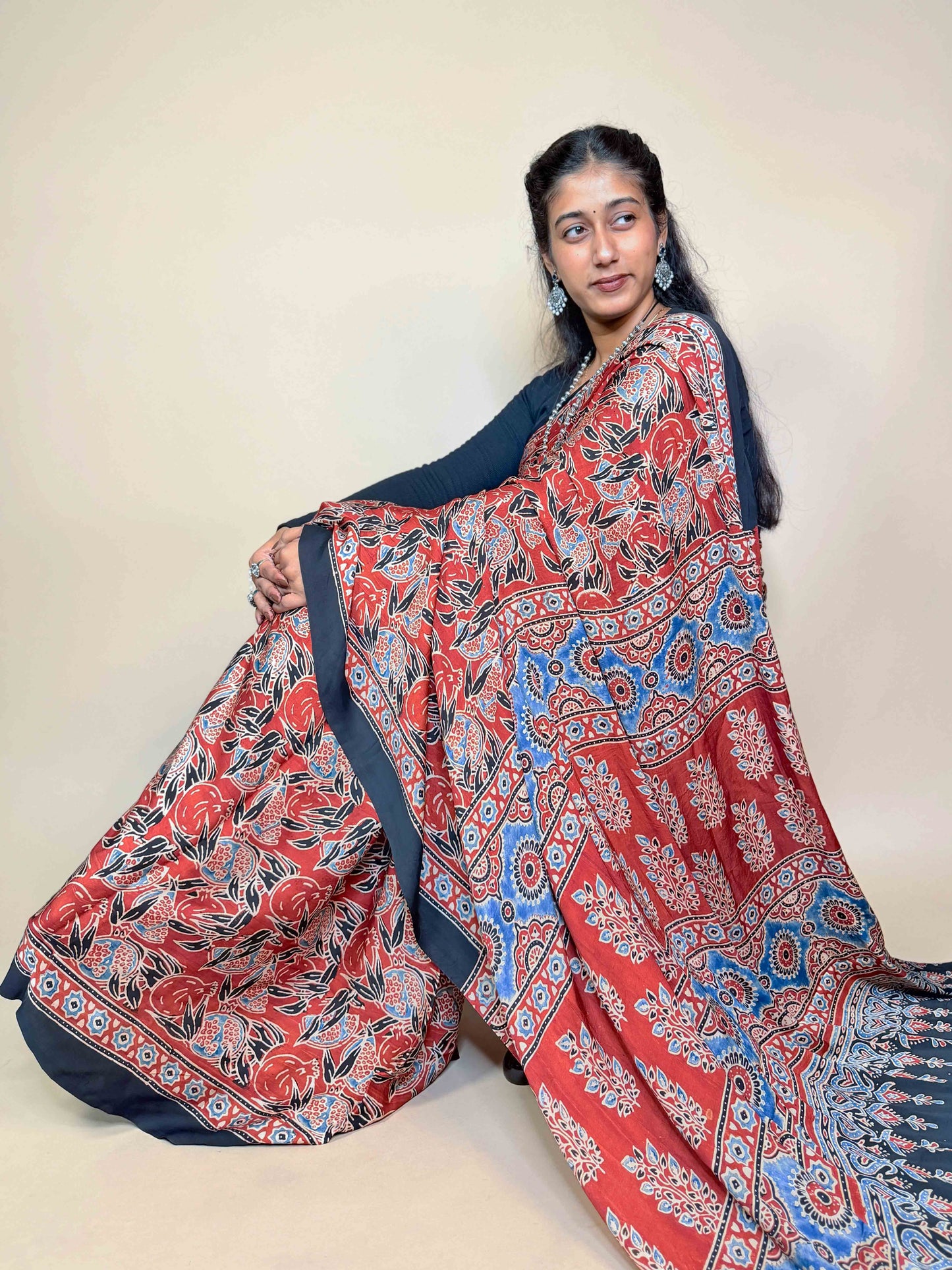 Rust Red Ajrakh Modal Handblock Printed Saree