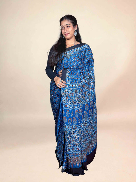 Blue Handblock Printed Ajrakh Modal Saree