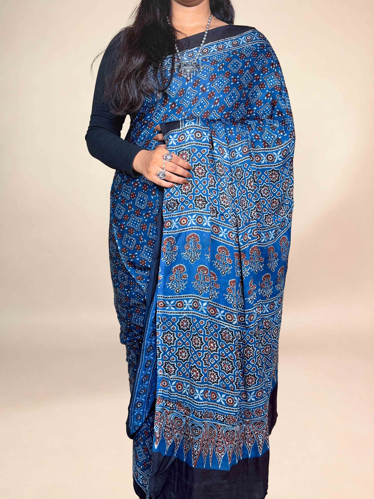 Blue Handblock Printed Ajrakh Modal Saree