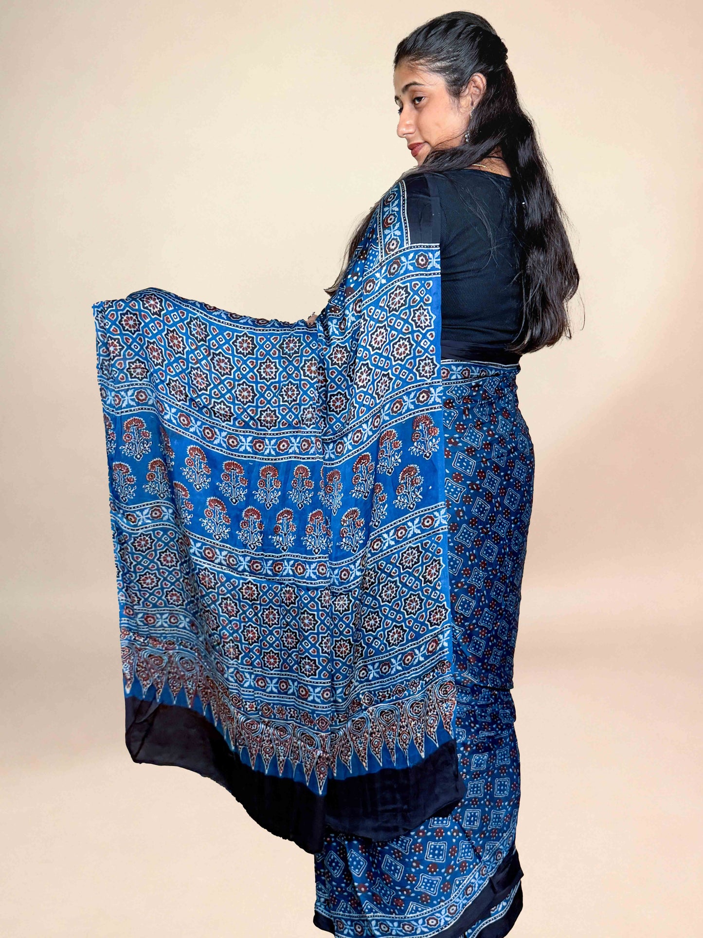 Blue Handblock Printed Ajrakh Modal Saree