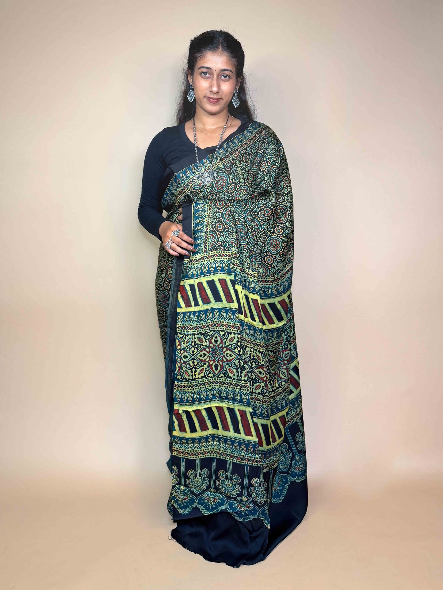 Teal Green Ajrakh Modal Handblock Printed Saree
