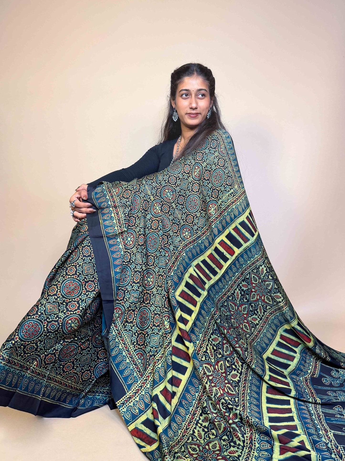 Teal Green Ajrakh Modal Handblock Printed Saree