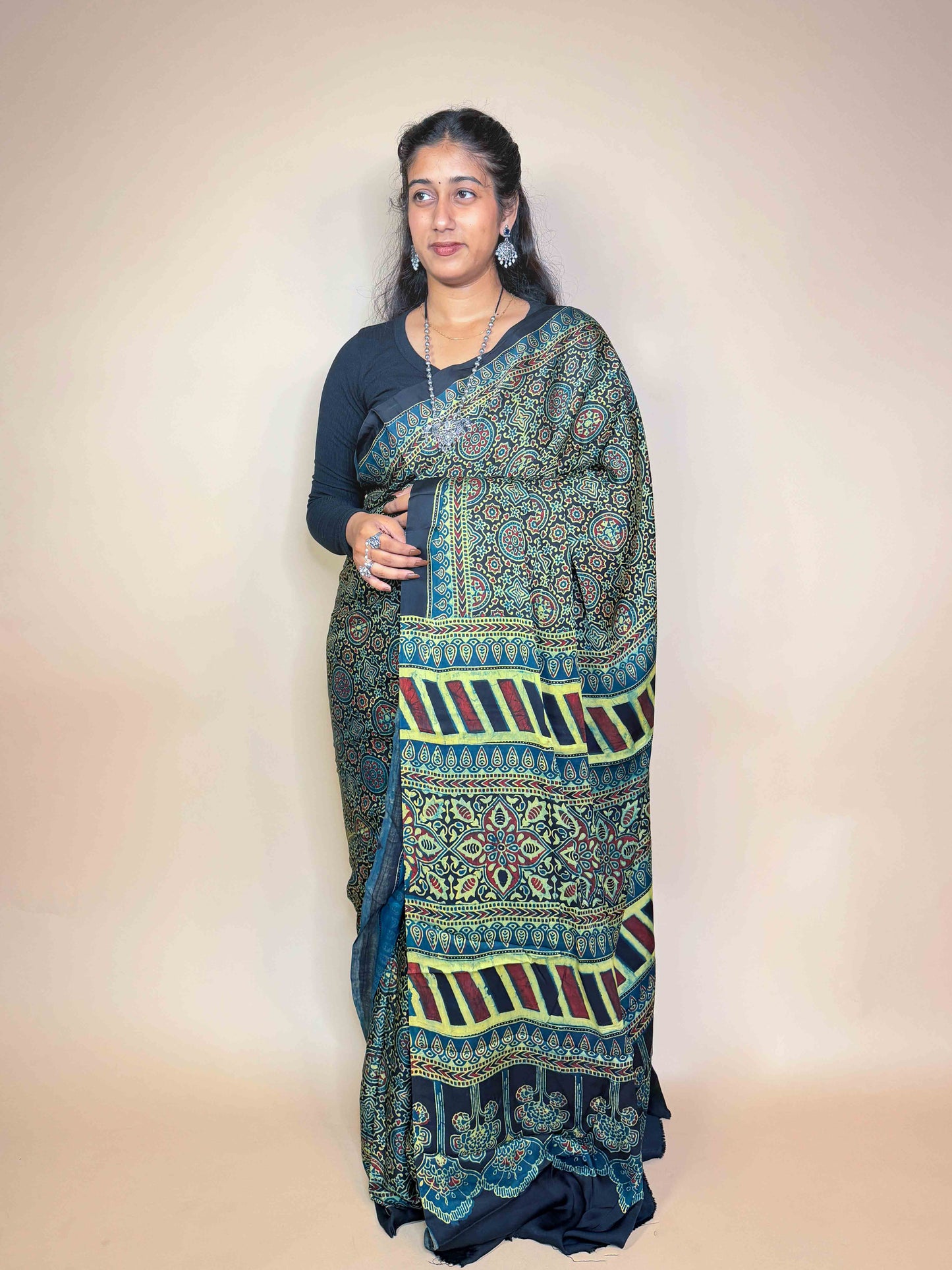 Teal Green Ajrakh Modal Handblock Printed Saree